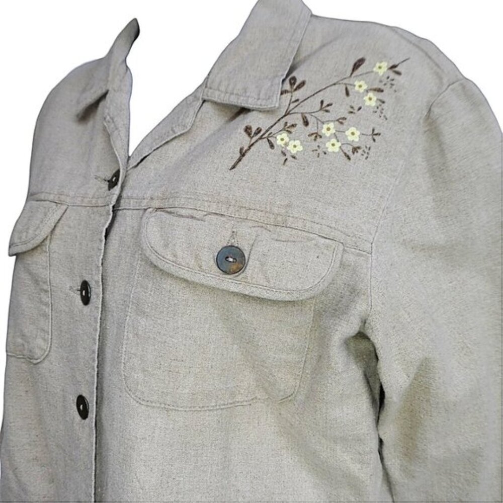 Vintage 90s Y2K GAP LiNeN Cotton Ecru Jacket Painted Flowers Flap Pockets Vents